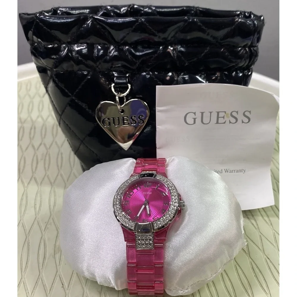 GUESS Women's U95198L3 Pink Plastic Strap Quartz Watch with Pink Dial Bezels EUC